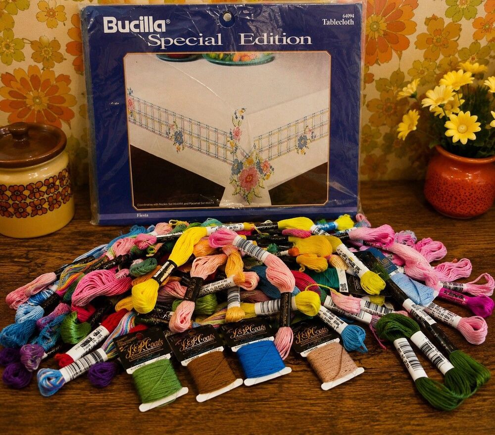 Vintage Bucilla Fiesta Stamped Tablecloth Kit 1994 + 56 Embroidery Floss Skeins